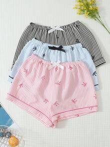 3pcs/Set Women's Comfortable Striped Bow Pajama Pants & Bow Shorts, Soft Polyester Non-See-Through All Season - Multicolor - View 3