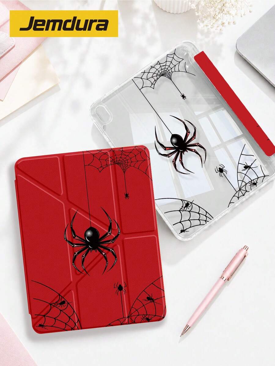 Jemdura Pure Red Spider Web Pattern Acrylic Tablet Protective Case, Compatible With IPad 10.2/10.5 Inch, IP10/11th Gen (A16)/ Air 8 2026 (11-Inch), Mini6/7 8.3 Inch, Air5/6/7 10.9 Inch/11 (M2/M3), With Pencil Slot Storage, Y-Fold Flip Cover Protective Case, Multi-Angle Folding, Best Halloween Gift - Multicolor - View 1