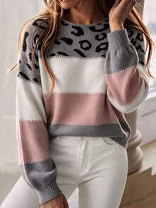 Women's Oversized Cute Colorblock Leopard Print Sweater, Casual Comfortable Ribbed Knit Crew Neck Long Sleeve Pullover Top Fall - Multicolor - View 3