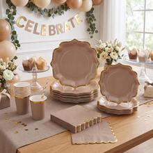 10/20/50/80 Pcs,Neutral Brown Gold Foil Wavy Edge Disposable Tableware,Boho Taupe Scalloped 7 Inch & 9 Inch Paper Plates,Cups And Napkins With Golden Rim,Simple Chic Table Supplies For Tea Party,Family Gathering,BabyShower,Birthday Party,Wedding - Brown - View 3