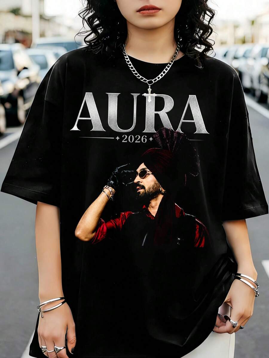 AURA 2026 Diljit Dosanjh Portrait Tee Concert Photo Shirt, Music Fan Apparel - 黑色 - 查看 1