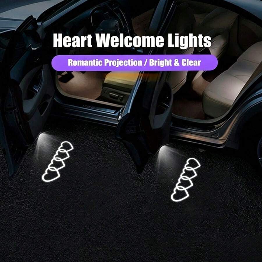 Luz de bienvenida para puerta de coche, proyector de patrón de corazón LED, lámpara de charco con sensor de luz inteligente encendido/apagado automático, accesorio de decoración interior de coche inalámbrico sin taladro - Corazón entrelazado - Ver 1