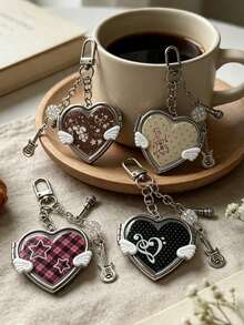 1Pc Korean Ancient Love Small Wing Mirror, Bag Hanging Ins Style Note Guitar Pendant Keychain, Y2K Portable Heart Shaped Small Mirror Key Chain - Multicolor - View 5