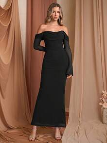 PARTHEA Elegant Women's Black Off-The-Shoulder Long Sleeve Mesh Maxi Dress, Draped Design, Mermaid Hem - Black - View 5