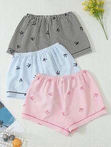 3pcs/Set Women's Comfortable Striped Bow Pajama Pants & Bow Shorts, Soft Polyester Non-See-Through All Season - Multicolor - View 2