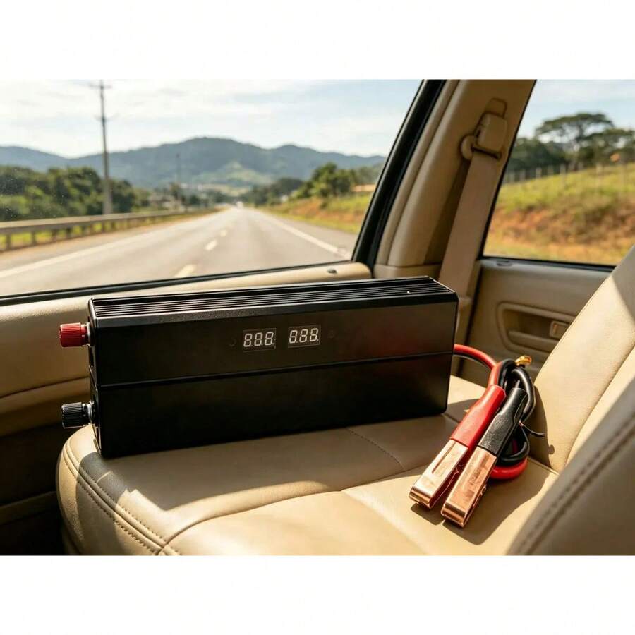 Inversor de tensão automotivo 800W potência de pico 1600W conversor 12V para 110V onda senoidal corrigida com display digital tomada padrão brasileiro duas portas USB QC3.0 para carro acampamento energia solar e uso emergencial W - A - Visão 1