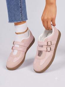 Giày sneaker đế bệt TCVC phối màu khối hai quai, giày Mary Jane tập luyện kiểu Đức retro, giày đi bộ thường ngày nữ - Hồng - Xem 5