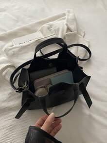 1pc Solid Color PU Portable Magnetic Fashion Women's Handbag With Strap Decoration, Suitable For Autumn/Winter Daily Shopping - Black - View 9