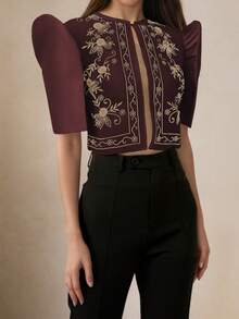 Modern Filipiniana Retro Floral Printed Puff Sleeve Blouse, Spring/Summer - Coffee Brown - View 3