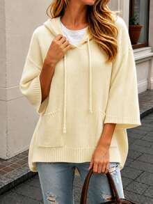 Plus Size Women's Solid Color Knit Fabric Pocket Drawstring Casual Versatile Commute Loose Hooded Pullover Sweater Holiday Daily Date Single Fall - Pale Yellow - View 4