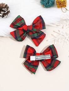 2pcs Christmas Classic Plaid Bow Hair Clip For Kid Girl,Red And Green Gingham Hairpin For Fall And Winter Daily,Gift For Daughter,Girl Hair Accessory - Multicolor - View 4