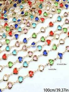 Rantai Tembaga Berwarna-warni Berbentuk Hati Berkilau dengan Batu Permata Kaca Sepanjang 100cm/39,37in, Aksesori Pembuatan Perhiasan DIY, Cocok untuk Pembuatan Kalung, Gelang, Gelang Kaki, Anting-anting, dan Perhiasan Hadiah Buatan Tangan - MultiWarna - View 8