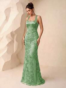 Mori Style Luxury Full-Body Floral Embroidery Beaded Long Dress, Halter Neck Mermaid Satin Evening Gown Fall - Green - View 4