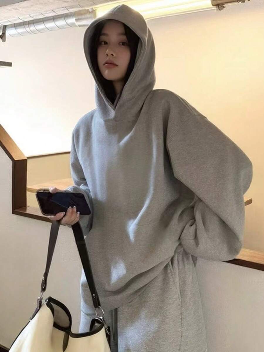 Women's Solid Color Hooded Sweatshirt, Spring/Autumn Loose Drop Shoulder Slouchy Light Gray Basic Versatile Casual Top - Light Grey - View 1