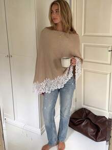 Suéter de Tricô com Ombro Frio Feminino, Top Assimétrica com Barra de Renda, Top Casual para Camadas no Outono/Inverno - Caqui - Visão 2