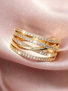 1pc Fashionable Personalized Cross Circle Design Ring With Sparkling Cubic Zirconia, Suitable For Valentine's Day, Daily Wear, Birthday, Wedding - Yellow Gold - View 2