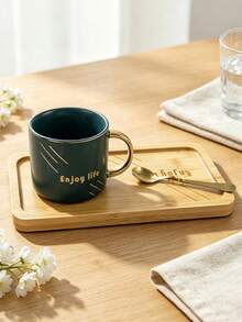 Premium Coffee Mug Gift Kit, Ceramic Cup, Bamboo Serving Tray & Metal Spoon, Exquisite Gold‑Detail Letter Print, Heat‑Resistant Porcelain Drinkware, Random Color, Ideal Table Decor Set For Home Use, Birthday And Holiday Gift‑Giving - Multicolor - View 1