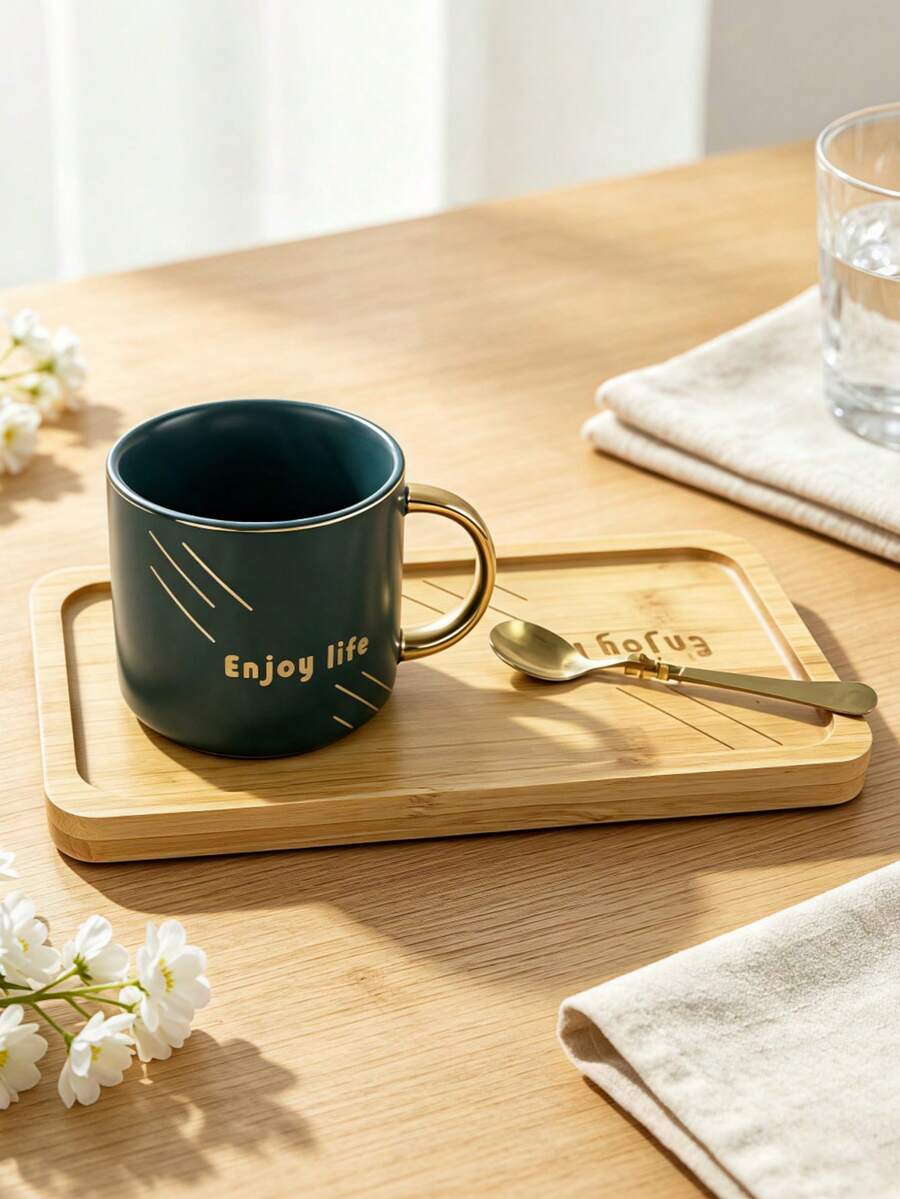 Premium Coffee Mug Gift Kit, Ceramic Cup, Bamboo Serving Tray & Metal Spoon, Exquisite Gold‑Detail Letter Print, Heat‑Resistant Porcelain Drinkware, Random Color, Ideal Table Decor Set For Home Use, Birthday And Holiday Gift‑Giving - Multicolor - View 1