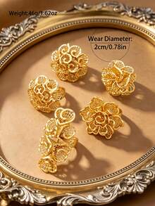 4/5pcs Women's 18K Gold Plated Hollow Flower Adjustable Open Ring, Vintage Personalized Wedding Finger Ring - Gold - View 8