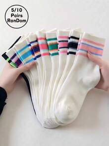10 Pairs Women's Random Color Striped Breathable Comfortable All-Season Street Casual Fashion Mid-Calf Socks - Multicolor - View 1