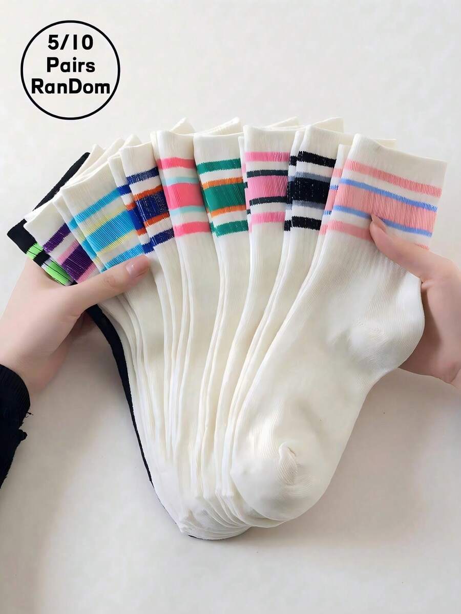 10 Pairs Women's Random Color Striped Breathable Comfortable All-Season Street Casual Fashion Mid-Calf Socks - Multicolor - View 1