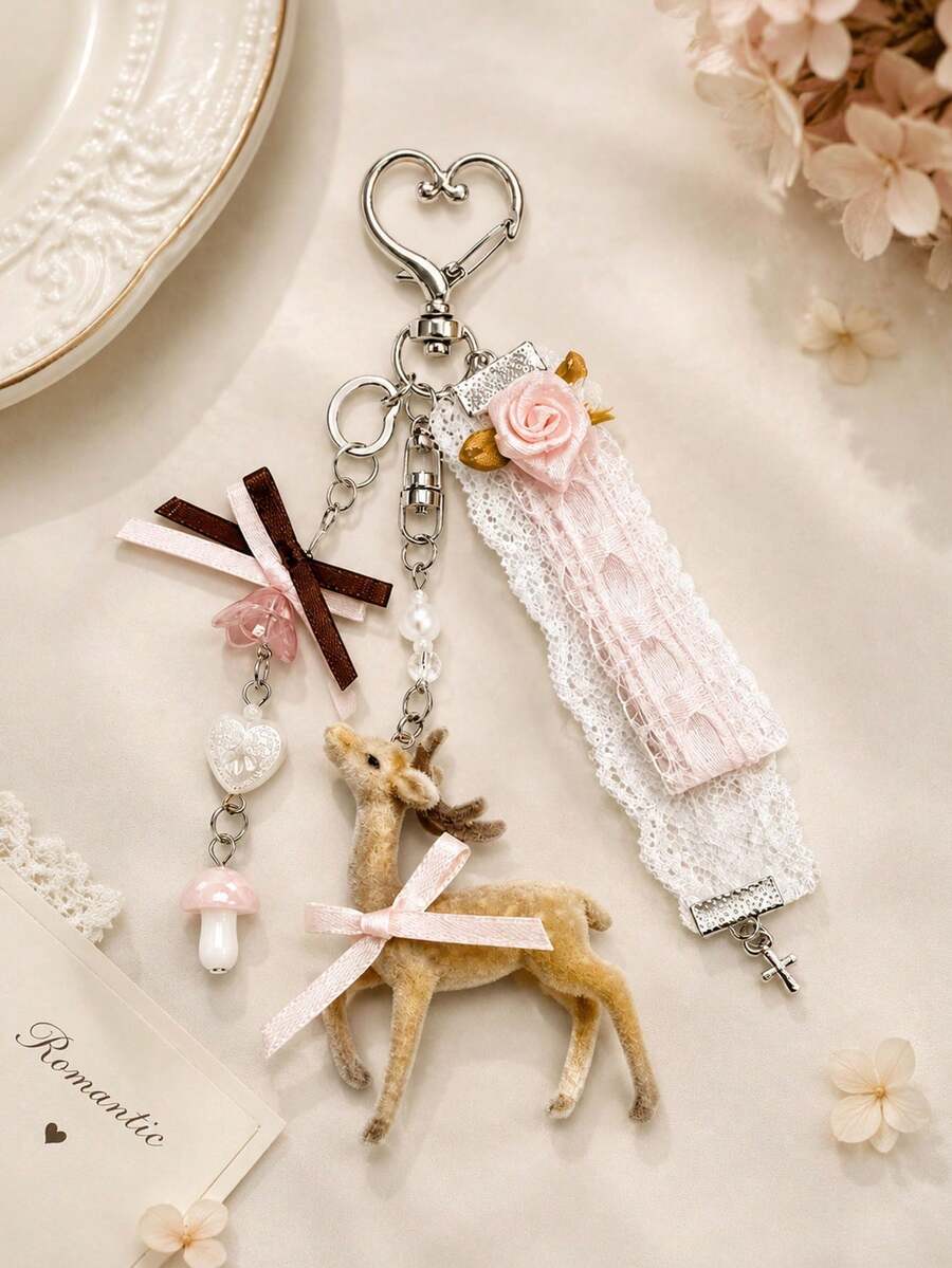 1pc INS Style Deer Keychain, Kawaii Lace Bow Bag Charm, Sakura Flower Pendant, Coquette Aesthetic Key Ring, Fairycore Backpack Charm - Multicolor - View 1