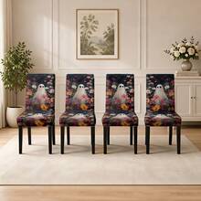 1/4/5/6/7/36pcs Halloween Series Pure White Ghost Pattern Print Chair Covers/Chair Slipcovers Set, Suitable For Indoor Home, Restaurant, Hotel, Ideal Choice For Modern Daily Decoration. Tablecloth Suitable For Square Dining Table, Elastic Chair Covers Are Washable. - Multicolor - View 6