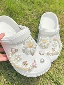 12pcs Beaded Small Chain Accessories, White Large Flower DIY Shoe Decor, Suitable For Perforated Sandals, Elegant And Fashionable, Gift For Girlfriend - White - View 2