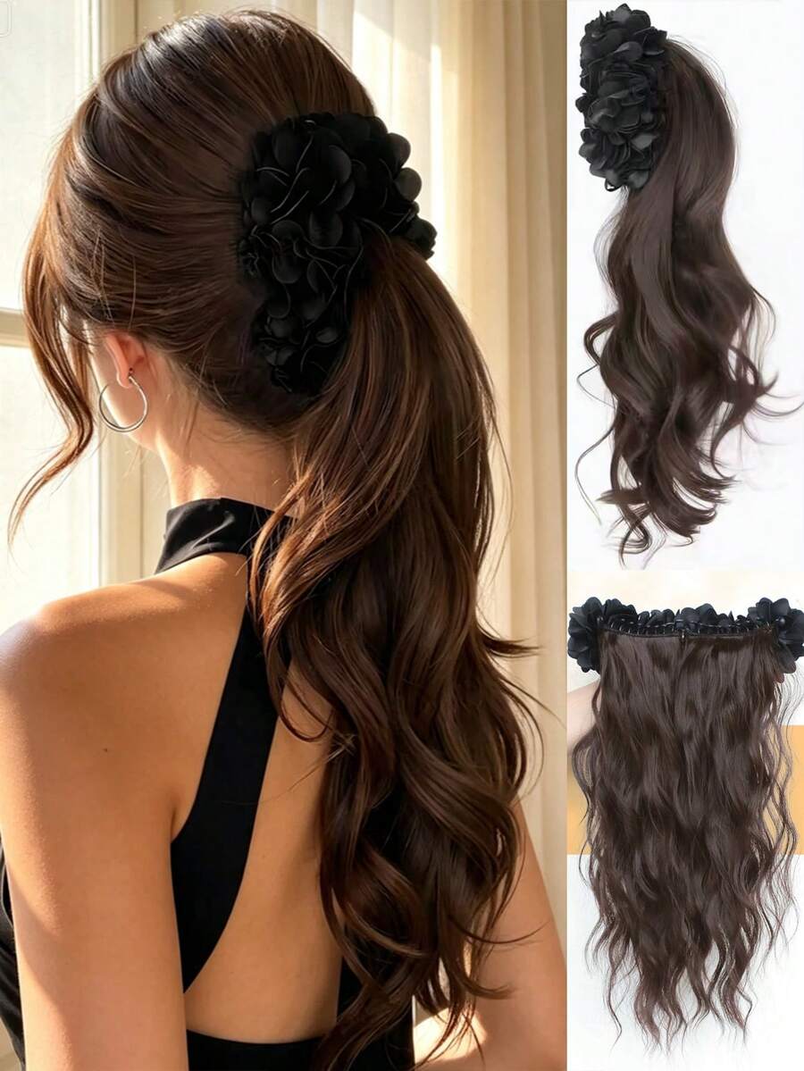 Women's Long Wavy Curly Ponytail Hair Extension With Banana Clip And Flower Clip, Premium Clip-In Ponytail Piece - Multicolor - View 1