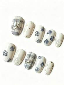10 Styles Handmade Short Oval Nail Stickers, Blue White Gold Plaid Floral Bow Pattern, Cute & Fashionable, Suitable For Spring Autumn Winter Holidays And Daily Wear - Blue and White - View 2