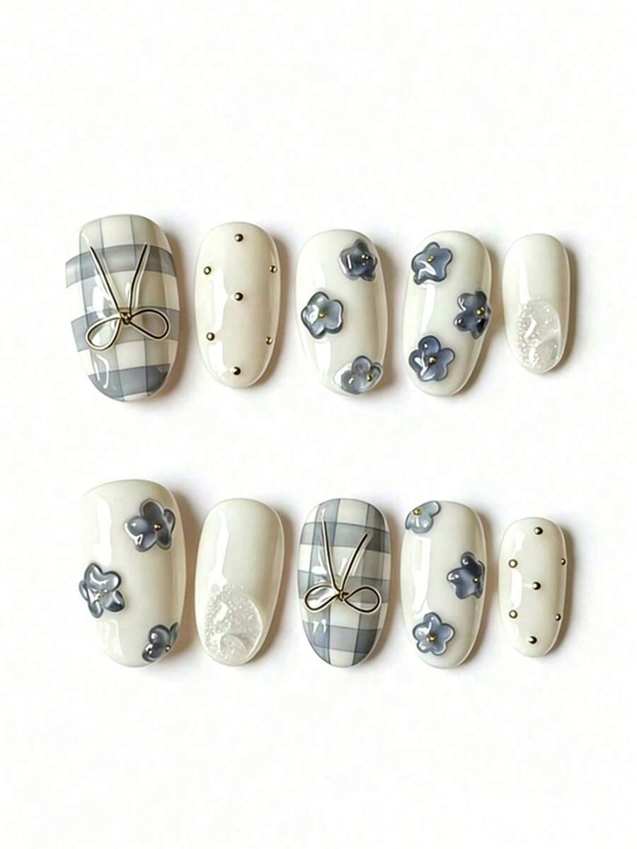 10 Styles Handmade Short Oval Nail Stickers, Blue White Gold Plaid Floral Bow Pattern, Cute & Fashionable, Suitable For Spring Autumn Winter Holidays And Daily Wear - Blue and White - View 1
