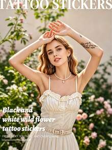 10pcs Waterproof Black White Wild Floral Temporary Tattoo Stickers Sexy Design For Clavicle Chest Arm Fashion Fake Tattoo - Multicolor - View 3