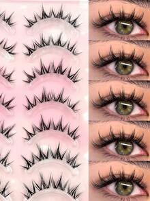 Asiteo 7 Pairs Spiky Cartoon Style False Eyelashes, Puppy Eye Design, Faux Mink Hair, Transparent Band, Anime Style, Suitable For Daily, Party, Beach - Black - View 3