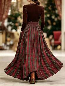 Pockets, Autumn/Winter Retro Plaid High-End Luxury Long Skirt, Commuting, Halloween, Christmas - Multicolor - View 3