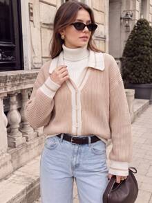 Kardigan Rajut Motif Garis Warna Oatmeal Musim Dingin, Kerah Manset dan Kelim Kontras Bergaris, Jaket Kancing Lengan Panjang Gaya Liburan - Khaki - View 6