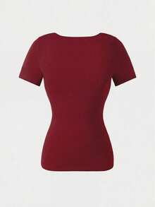 Casual Elegant Versatile Short Sleeve Boat Neck Top, Suitable For Daily Wear, Commuting, Going Out, Spring & Summer Red - Red - View 7