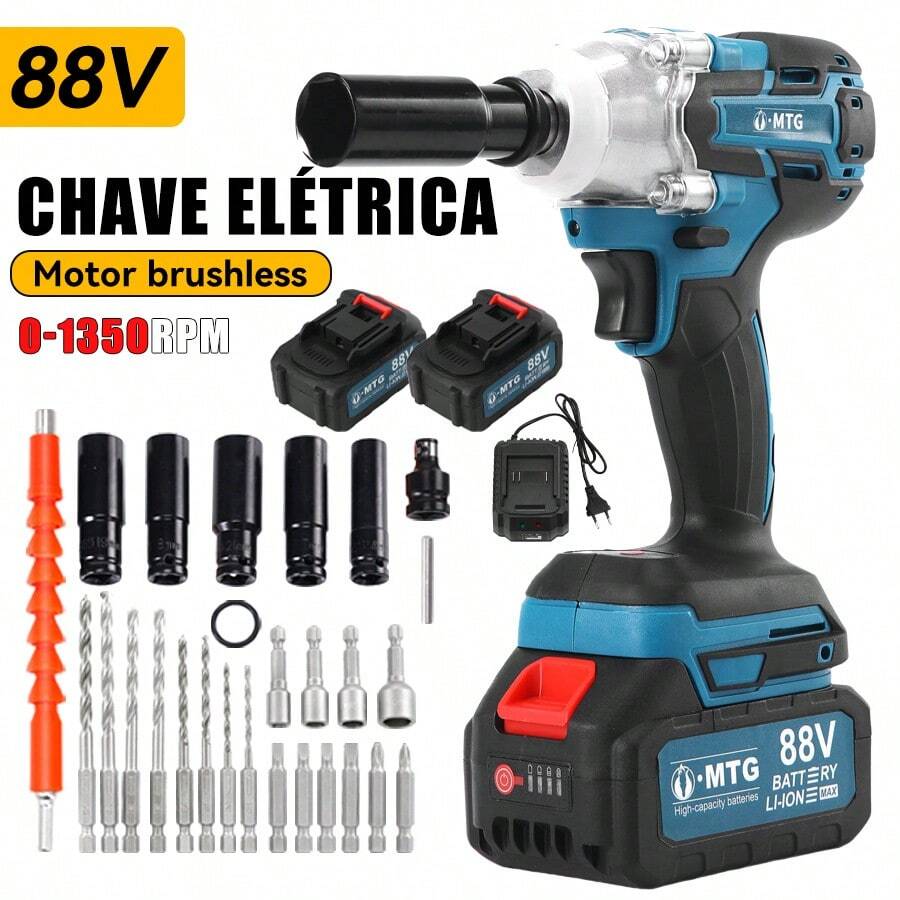 Chave de Impacto Sem Fio MTG 88V Motor Sem Escovas, Torque Máximo 800N.m, Encaixe 1/2", 2 Baterias Li-ion com Visor de Carga, Kit Completo com Soquetes, Brocas e Maleta para Mecânica Automotiva e Montagem - Azul - Visão 1