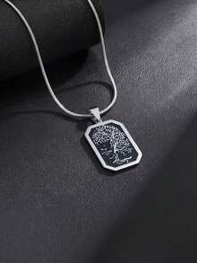 Minimal Retro Stainless Steel Necklace For Men, Rectangular Tree Of Life Pattern Pendant With Snake Chain, Daily Wear & Holiday Gifts - Silver - View 1