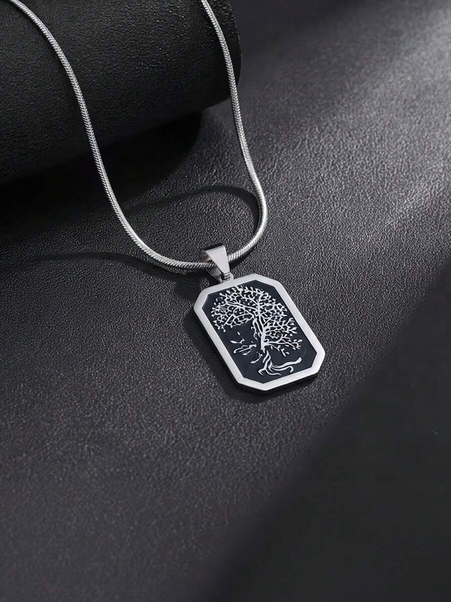 Minimal Retro Stainless Steel Necklace For Men, Rectangular Tree Of Life Pattern Pendant With Snake Chain, Daily Wear & Holiday Gifts - Silver - View 1