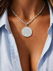 1pc Silver Donut Buckle Full Rhinestone Round Pendant Necklace, Luxury Heart Lock Pendant Chain, Stainless Steel Material, Exquisite Holiday Party Gift For Women - Silver - View 4