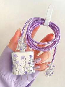 5pcs Soft Lavender Floral Data Cable Protectors, Transparent Soft Shell Anti-Drop Wear-Resistant Anti-Bend, Compatible With Apple 18W/20W Fast Charging, Ins French Floral Healing Digital Accessories, Great Gift - Pale Purple Flowers - View 7