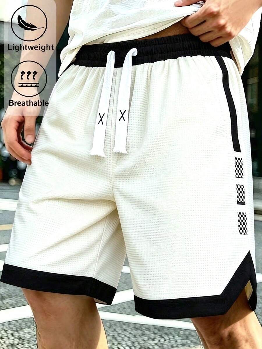 Men's Summer Drawstring Waist Colorblock Casual Daily Sports Shorts - Beige - View 1