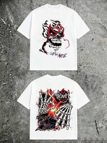 Skeleton Hands Lightning Luchador Mask Skull Graphic Tee, Double‑Sided Gothic Grunge, 180g Pure Cotton Short Sleeve Street Top For Men - 白色2 - 查看 9