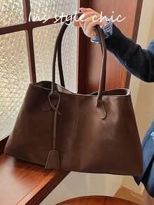Large Capacity Soft Open-Top Maillard Ins Minimalist Relaxed Style Shoulder Tote Bag, Casual Women's Handbag For Office, Commute, Travel, Shopping, Dating - Coffee - View 4