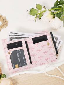 Ladies' Bow Printed Short Zipper Coin Purse, Portable Card Bag Wallet, Suitable For Daily Shopping And Travel - Pink - View 7