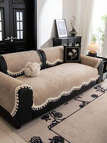 1pc Solid Color Sofa Cover, Non-Slip Chenille Sofa Slipcover, Washable Pet-Friendly Living Room Sofa Protector, Machine Washable Living Room Furniture Cover, Suitable For L-Shaped, 2-Seater, 3-Seater, 4-Seater And Sectional Sofas (Sold Separately) - Khaki - View 3