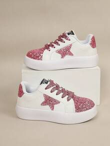 1 Pair Girls' Star Sequin Minimalist Lace-Up Casual White Sneakers Flat Shoes - Pink - View 1