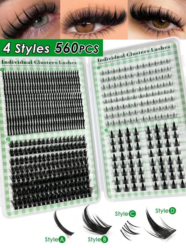 4 In 1 False Eyelashes 560 Pcs Lashes Book C Curl D Curl Large Quantity DIY Eyelashes Fluffy Soft Volume Spiky Lashes Natural Look Lashes Makeup Tool DIY Pointed Tip Lashes, Cartoon Style Lashes, Mink Hair Trimmed, Voluminous Lashes