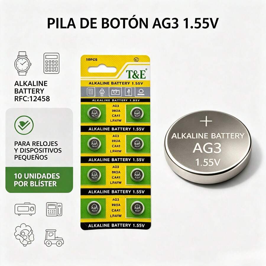 Pilas Botón AG3| 1.55V Alcalina| Paquete de 10 unidades| Larga duración| Multidispositivo - Blanco - Ver 1