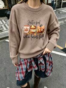 Sweater Rajut Lembut Leher Bulat Motif "Autumn Pumpkin Coffee" Terbaru untuk Wanita Ukuran Plus Musim Gugur/Dingin, Dapat Dicuci dengan Mesin - Khaki - View 3